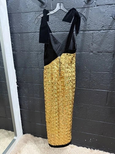 RAISA & VANESSA Sequinned Dress with Scallop Hem Size 34/2 – Gold & Black Midi