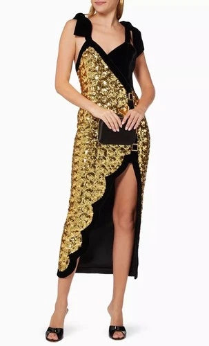 RAISA & VANESSA Sequinned Dress with Scallop Hem Size 34/2 – Gold & Black Midi