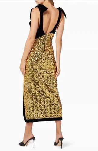 RAISA & VANESSA Sequinned Dress with Scallop Hem Size 34/2 – Gold & Black Midi