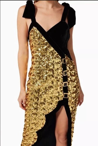 RAISA & VANESSA Sequinned Dress with Scallop Hem Size 34/2 – Gold & Black Midi