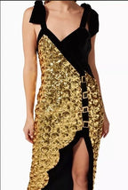RAISA & VANESSA Sequinned Dress with Scallop Hem Size 34/2 – Gold & Black Midi