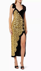 RAISA & VANESSA Sequinned Dress with Scallop Hem Size 34/2 – Gold & Black Midi