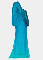 Gucci Blue Ombre Leaf Embroidered Silk One-Shoulder Draped Maxi Dress Size 40