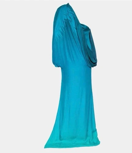 Gucci Blue Ombre Leaf Embroidered Silk One-Shoulder Draped Maxi Dress Size 40
