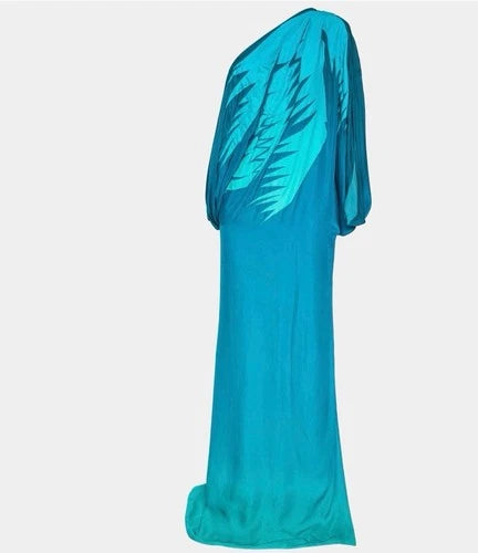 Gucci Blue Ombre Leaf Embroidered Silk One-Shoulder Draped Maxi Dress Size 40