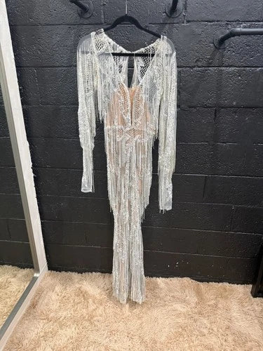 Fjolla White Fringe Long-Sleeve Dress Size 2 – Bodycon Maxi