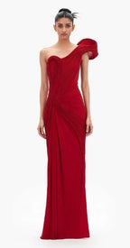 Gaurav Gupta Sculpted One-Shoulder Jersey Gown Size 4 – Red Fitted