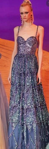 Georges Hobeika Couture Blue Beaded Corset Tulle Gown Size 42