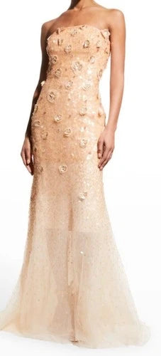 Carolina Herrera Sequin Floral Applique Strapless Gown Size 8 – Peach Maxi