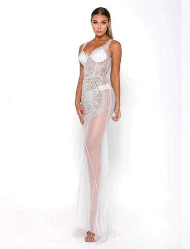 Portia And Scarlett SFB Matrix Gown Size 6 Silver Rhinestone Dress