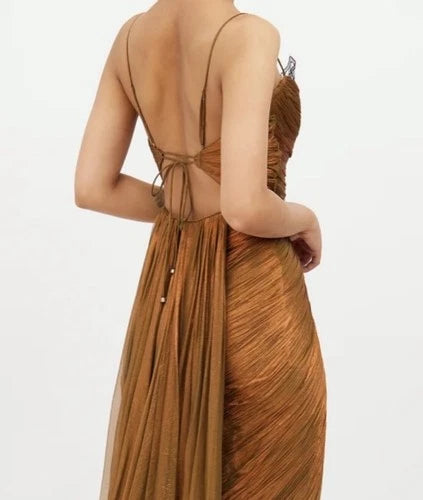 Maria Lucia Hohan Rania Metallic Bronze Silk Dress Size 4 – Long Maxi