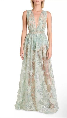 Zuhair Murad Pop Daisy Sequined Tulle Gown Size 4 – Pistachio Maxi