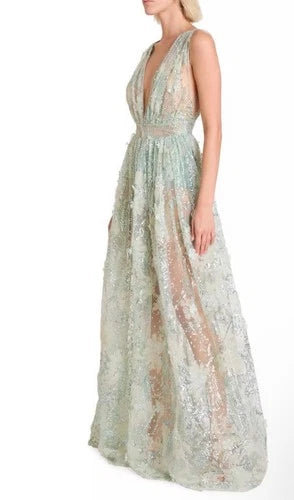Zuhair Murad Pop Daisy Sequined Tulle Gown Size 4 – Pistachio Maxi