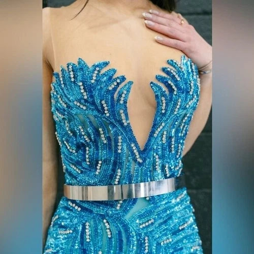 Zuhair Murad Inspired Custom Blue Beaded Gown with Cape Size 4