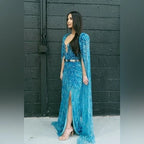 Zuhair Murad Inspired Custom Blue Beaded Gown with Cape Size 4