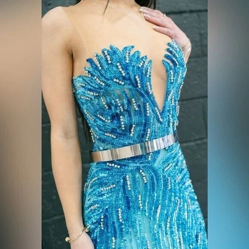 Zuhair Murad Inspired Custom Blue Beaded Gown with Cape Size 4