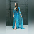 Zuhair Murad Inspired Custom Blue Beaded Gown with Cape Size 4
