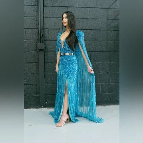 Zuhair Murad Inspired Custom Blue Beaded Gown with Cape Size 4