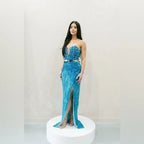 Zuhair Murad Inspired Custom Blue Beaded Gown with Cape Size 4