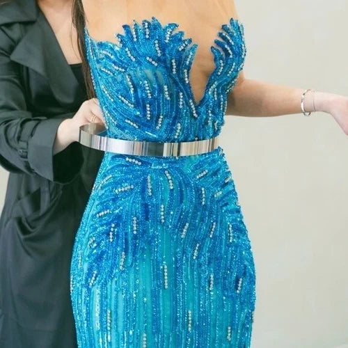 Zuhair Murad Inspired Custom Blue Beaded Gown with Cape Size 4