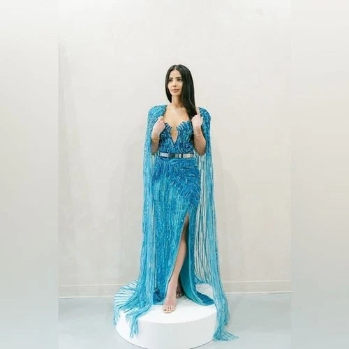 Zuhair Murad Inspired Custom Blue Beaded Gown with Cape Size 4