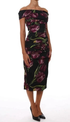 Dolce & Gabbana Tulip Print Off-Shoulder Silk Draped Dress Size 42 – Black