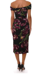 Dolce & Gabbana Tulip Print Off-Shoulder Silk Draped Dress Size 42 – Black