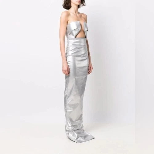 Rick Owens Prong Metallic Denim Strapless Gown – As Seen on Kim Kardashian, Size 6