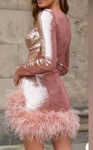 Nadine Merabi Miley Sequins Mini Feather Dress Size S – Glamorous Party Style