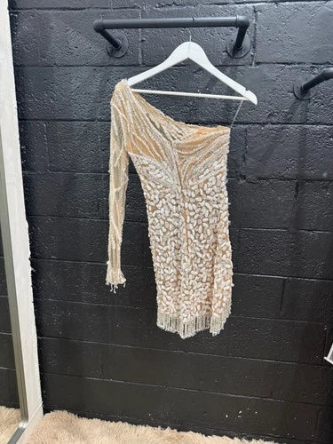 Albina Dyla Short Silver One-Sleeved Dress Size 2 – Sparkling Statement Mini