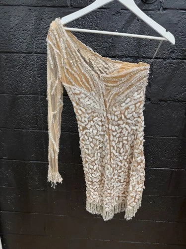 Albina Dyla Short Silver One-Sleeved Dress Size 2 – Sparkling Statement Mini