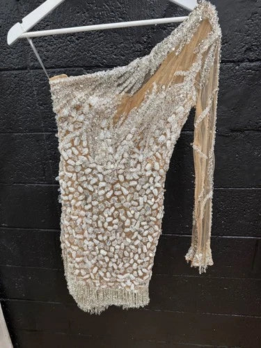 Albina Dyla Short Silver One-Sleeved Dress Size 2 – Sparkling Statement Mini