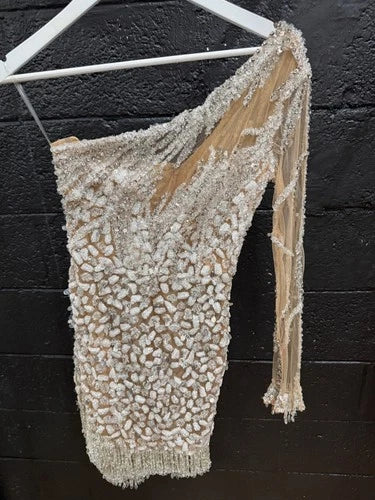 Albina Dyla Short Silver One-Sleeved Dress Size 2 – Sparkling Statement Mini