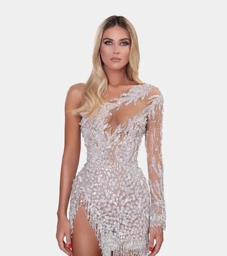 Albina Dyla Short Silver One-Sleeved Dress Size 2 – Sparkling Statement Mini