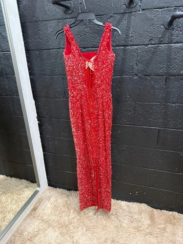 Albina Dyla Long Red Dress Size 2/4 – Striking Crystal Embellished Elegance