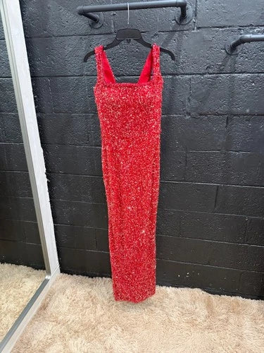 Albina Dyla Long Red Dress Size 2/4 – Striking Crystal Embellished Elegance